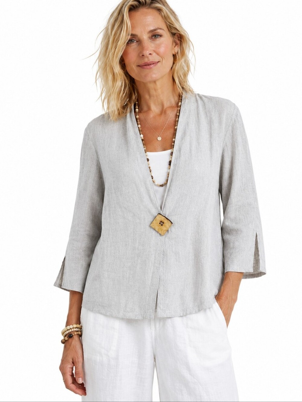 Soft Surroundings Linen Jacket‎ L Beige One Button 3/4 Sleeve Lagenlook Coastal